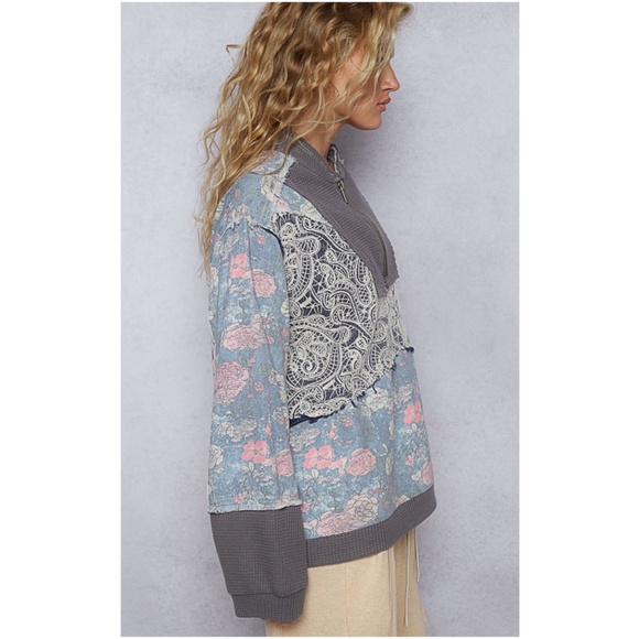 POL Floral Print Paisley Lace Half Zip Waffle Knit Long Sleeve Top - Picture 6 of 7